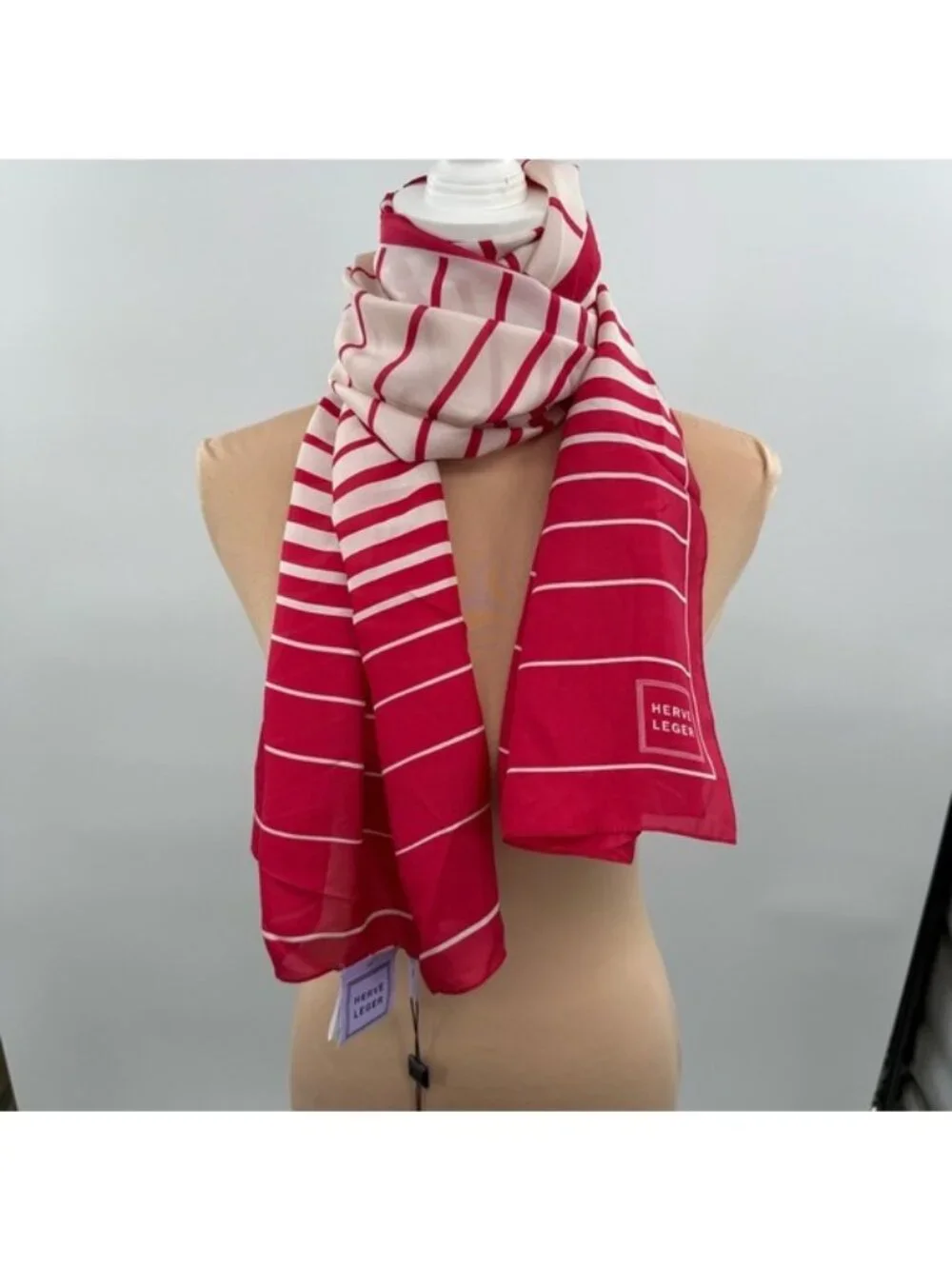 Herve Leger 100% Silk Striped Scarf Red White OS New With Tags